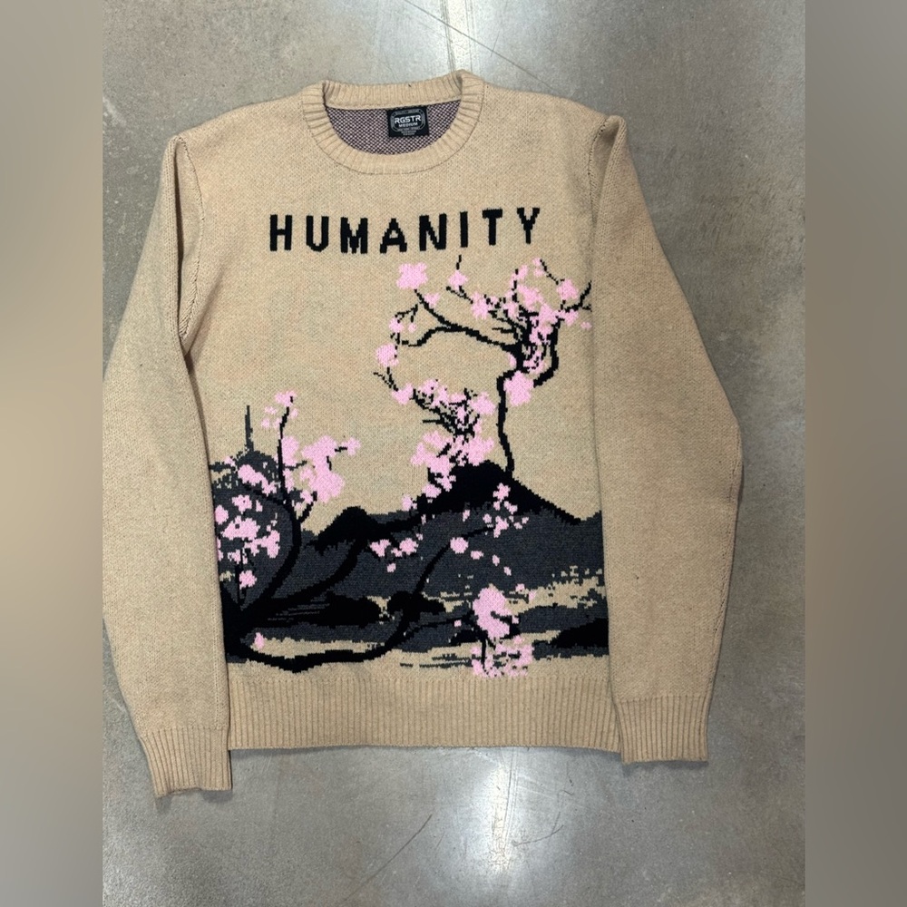 Beige Sweater with Pink and Black Design